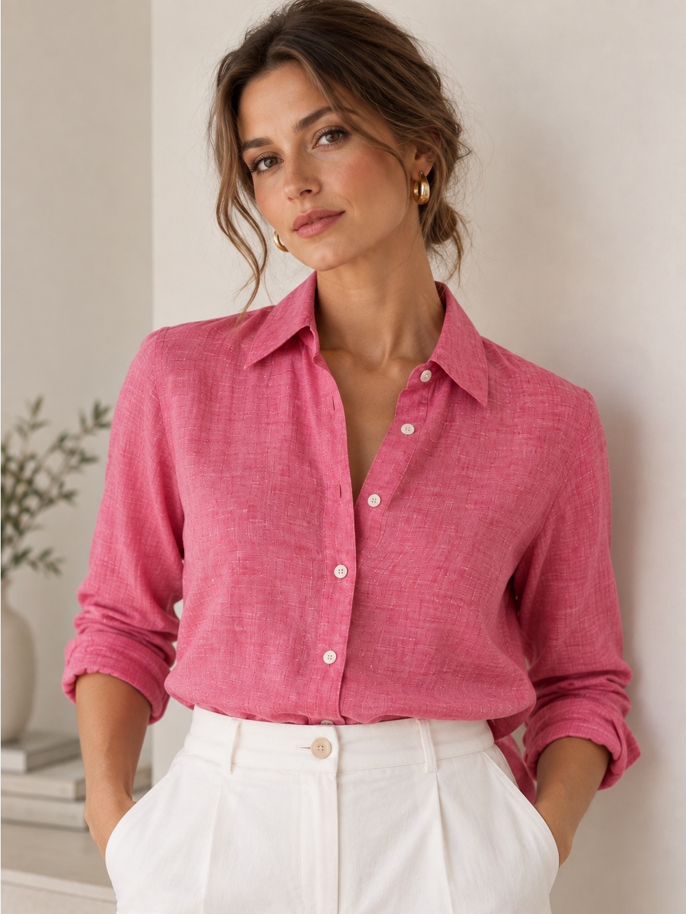 Foxcroft Pink 100% Linen Heritage Non-Iron Button Down Shirt Size 12